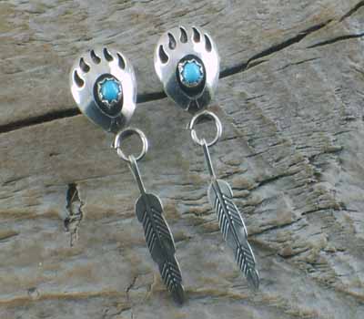 Sterling Earrings Turquoise and Feathers Post Bear Paw